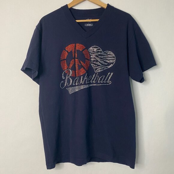 Peace ♥ Basketball Rhinestone V-Neck Tee Black Shaka Wear Women’s Large - Picture 2 of 10